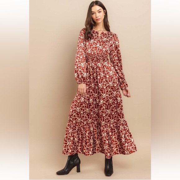 Boho Floral Printed Satin Tiered Maxi Dress - Picture 5 of 5